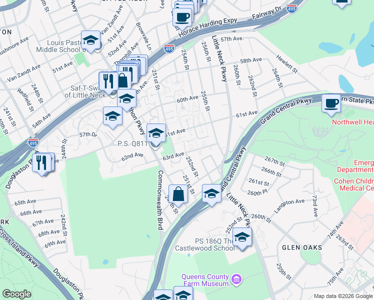 map of restaurants, bars, coffee shops, grocery stores, and more near 25201 63rd Avenue in Queens