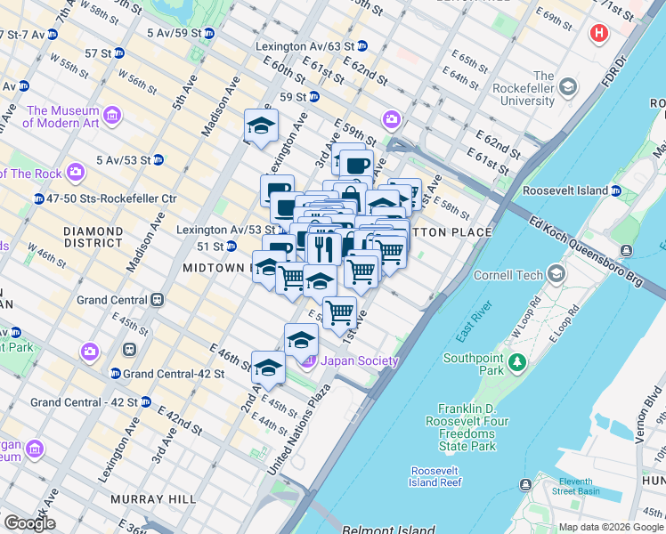 map of restaurants, bars, coffee shops, grocery stores, and more near 310 East 53rd Street in New York
