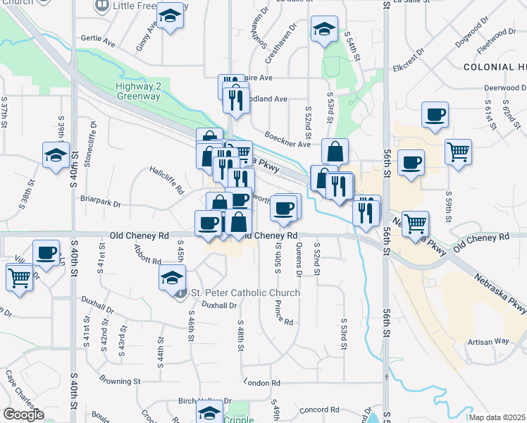 map of restaurants, bars, coffee shops, grocery stores, and more near 5609 South 49th Street in Lincoln