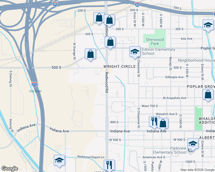 map of restaurants, bars, coffee shops, grocery stores, and more near 613 South Redwood Road in Salt Lake City
