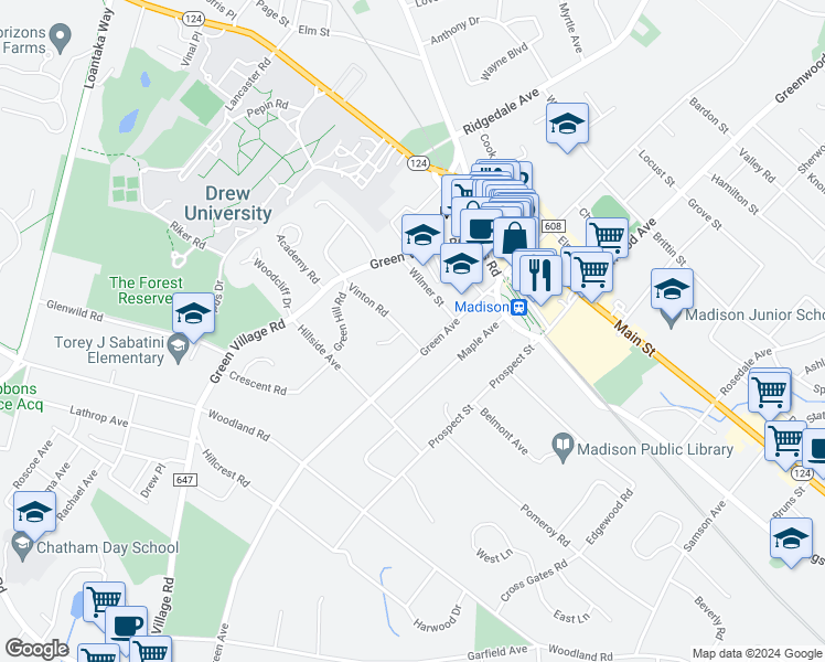 map of restaurants, bars, coffee shops, grocery stores, and more near 38 Vinton Road in Madison