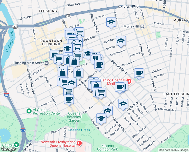 map of restaurants, bars, coffee shops, grocery stores, and more near 142-20 Franklin Avenue in Queens