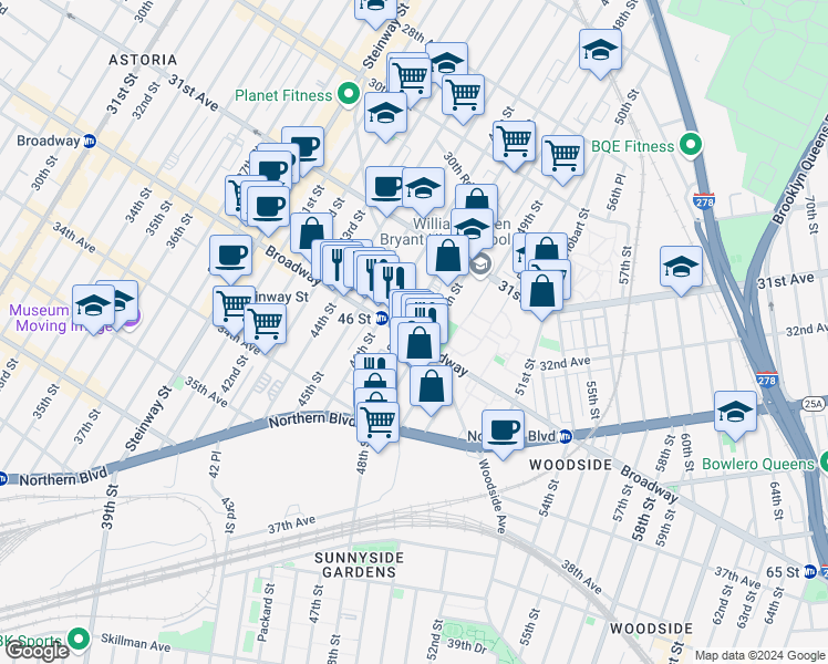 map of restaurants, bars, coffee shops, grocery stores, and more near 47-21 Newtown Road in Queens