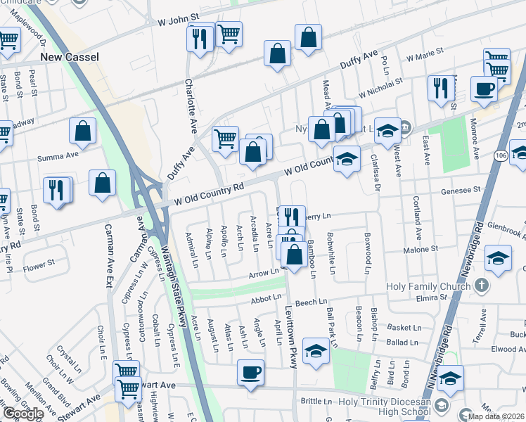 map of restaurants, bars, coffee shops, grocery stores, and more near 51 Acre Lane in Hicksville