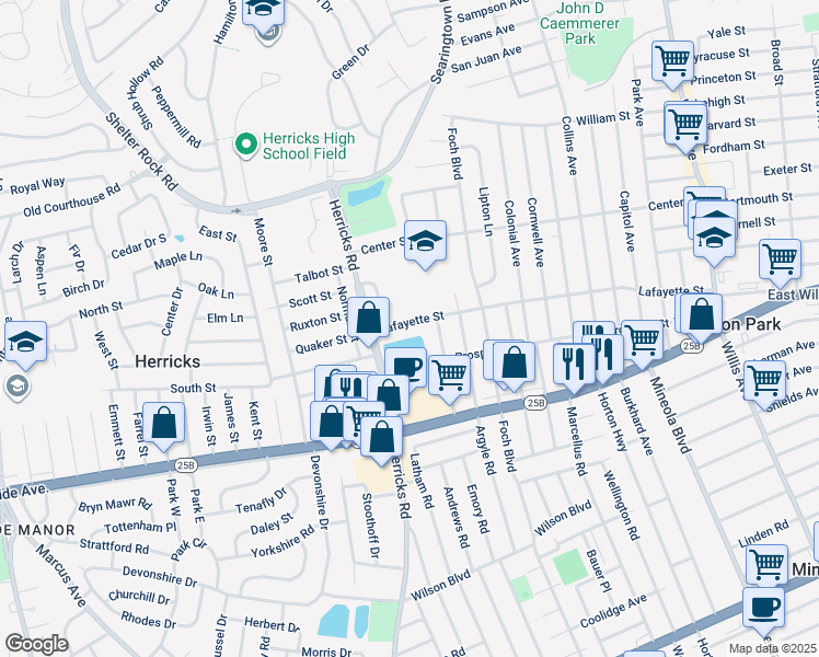 map of restaurants, bars, coffee shops, grocery stores, and more near 232 Lafayette Street in Williston Park