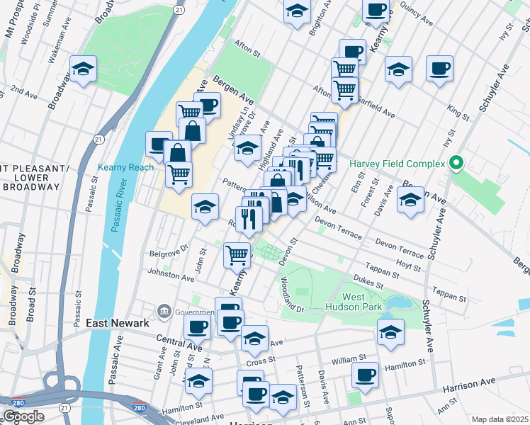 map of restaurants, bars, coffee shops, grocery stores, and more near 112 Maple St in Kearny