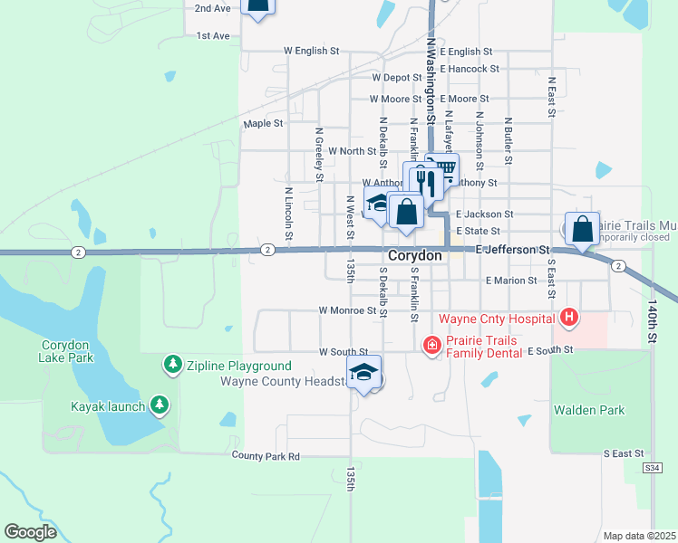 map of restaurants, bars, coffee shops, grocery stores, and more near 401-499 W Marion St in Corydon