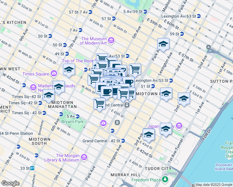 map of restaurants, bars, coffee shops, grocery stores, and more near 400 Madison Avenue in New York
