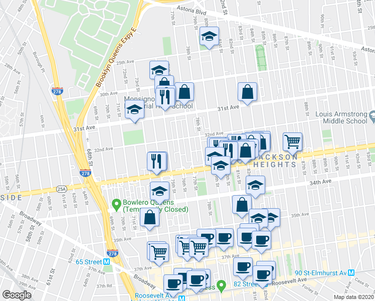 map of restaurants, bars, coffee shops, grocery stores, and more near 32-28 77th Street in Queens