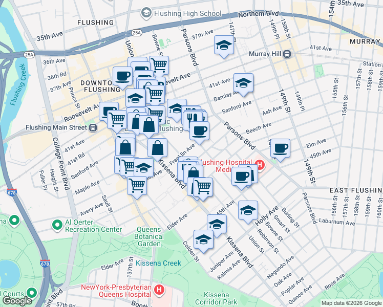 map of restaurants, bars, coffee shops, grocery stores, and more near 4192 Bowne Street in Queens