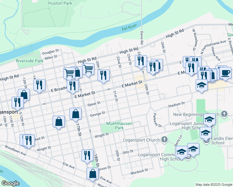 map of restaurants, bars, coffee shops, grocery stores, and more near 416 21st Street in Logansport