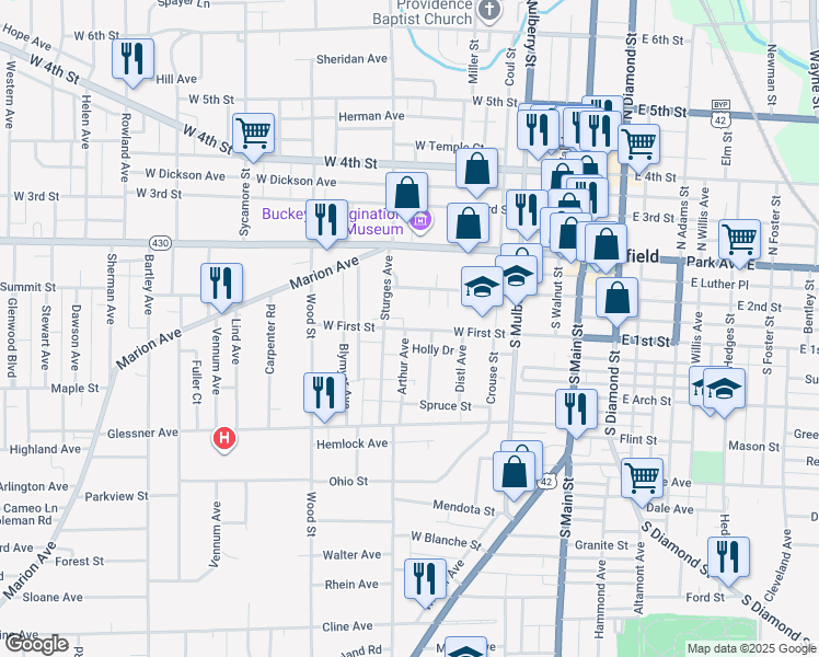 map of restaurants, bars, coffee shops, grocery stores, and more near 182 West 1st Street in Mansfield