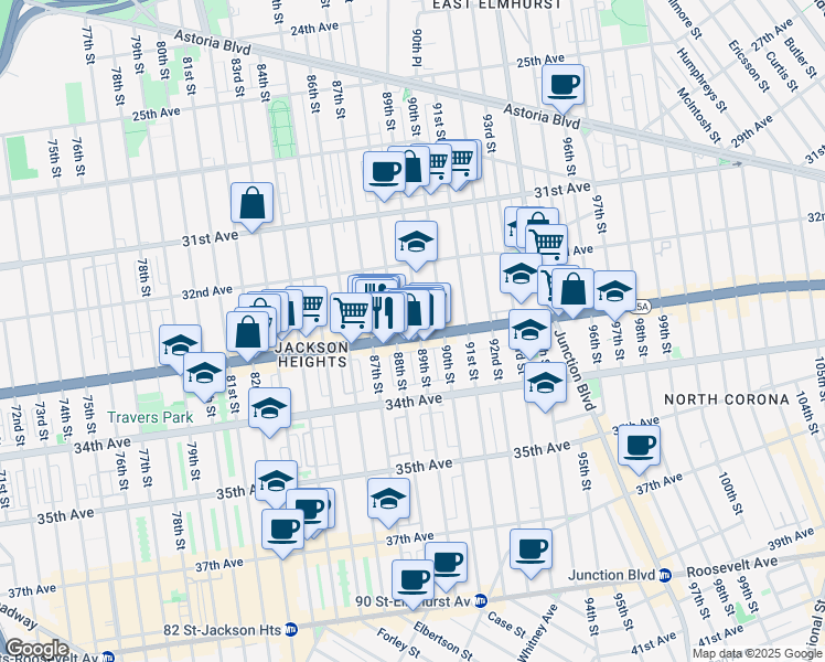 map of restaurants, bars, coffee shops, grocery stores, and more near 88-09 Northern Boulevard in Queens