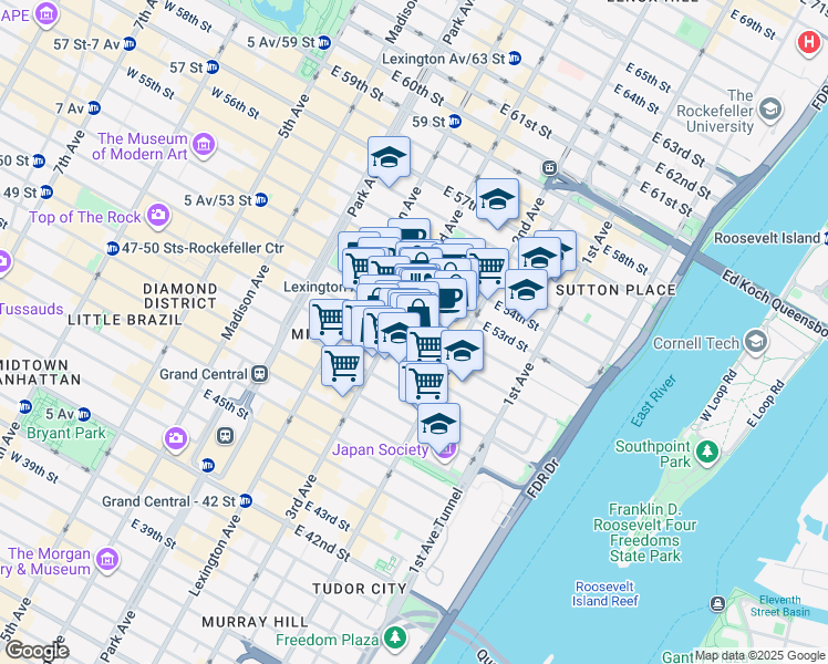 map of restaurants, bars, coffee shops, grocery stores, and more near 209 East 51st Street in New York
