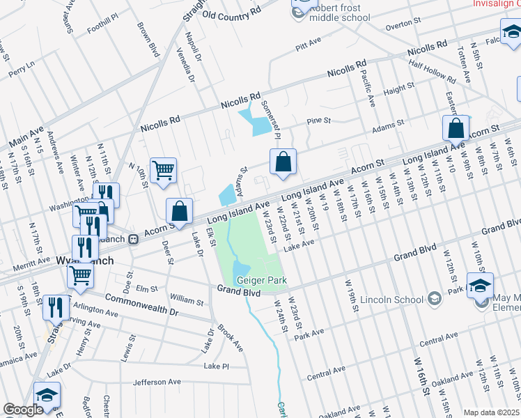 map of restaurants, bars, coffee shops, grocery stores, and more near 2 West 23rd Street in Deer Park
