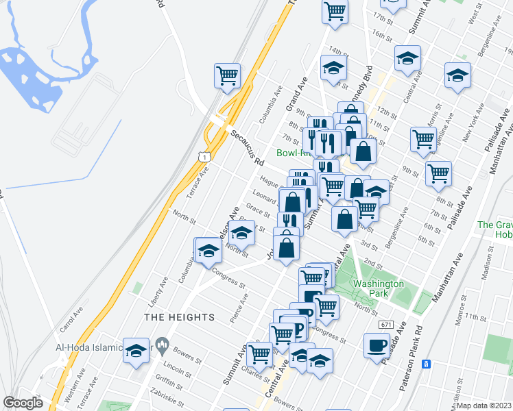 map of restaurants, bars, coffee shops, grocery stores, and more near 136 Grace Street in Jersey City