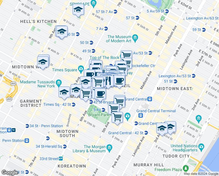 map of restaurants, bars, coffee shops, grocery stores, and more near 49 West 45th Street in New York