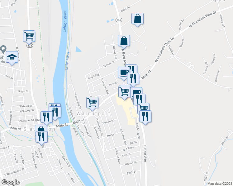 map of restaurants, bars, coffee shops, grocery stores, and more near in Walnutport