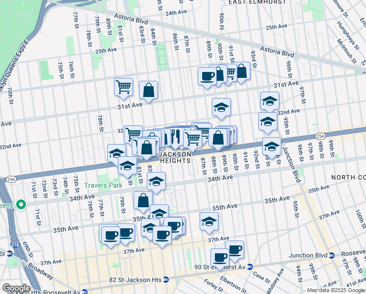 map of restaurants, bars, coffee shops, grocery stores, and more near 32-51 85th Street in Queens