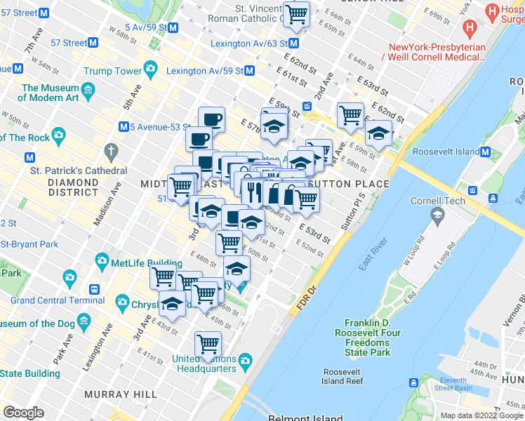 map of restaurants, bars, coffee shops, grocery stores, and more near 313 East 53rd Street in New York