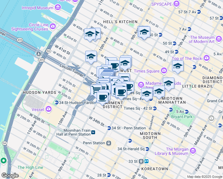 map of restaurants, bars, coffee shops, grocery stores, and more near 343 West 39th Street in New York
