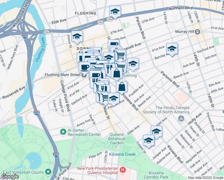 map of restaurants, bars, coffee shops, grocery stores, and more near 42-20 Kissena Boulevard in Queens