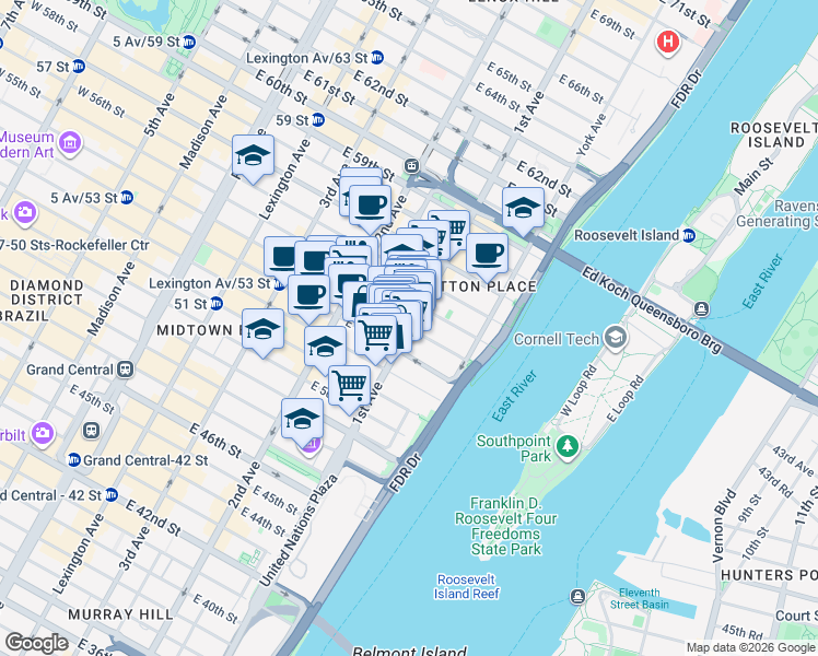 map of restaurants, bars, coffee shops, grocery stores, and more near 1st Avenue & E 54th St in New York
