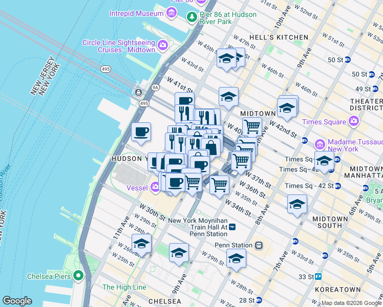 map of restaurants, bars, coffee shops, grocery stores, and more near 525 West 36th Street in New York