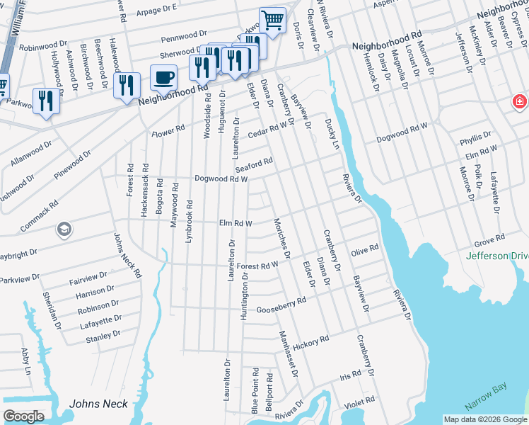 map of restaurants, bars, coffee shops, grocery stores, and more near 8 Quogue Road in Mastic Beach