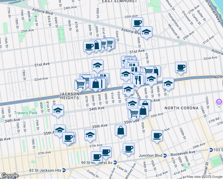 map of restaurants, bars, coffee shops, grocery stores, and more near Northern Blvd & 91st St in Queens