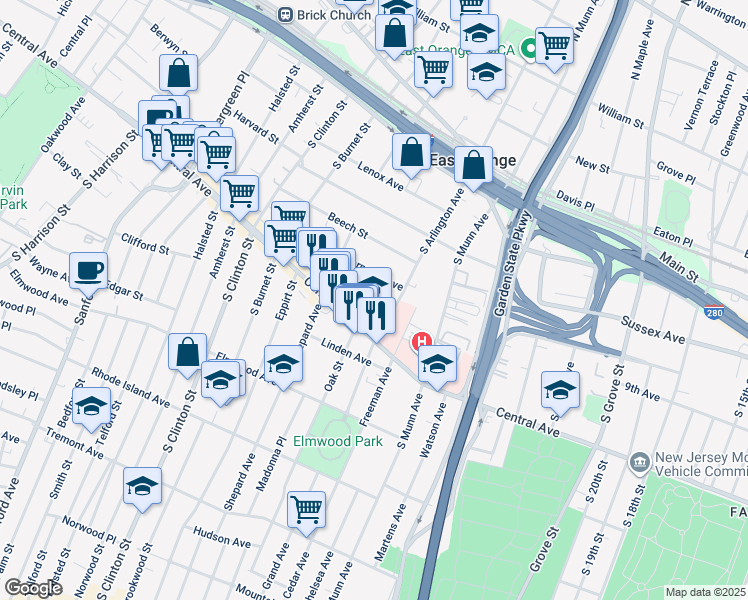 map of restaurants, bars, coffee shops, grocery stores, and more near 22 Nassau Place in East Orange