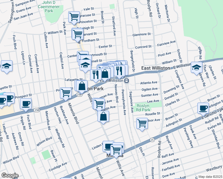 map of restaurants, bars, coffee shops, grocery stores, and more near 473 Nassau Boulevard in Williston Park
