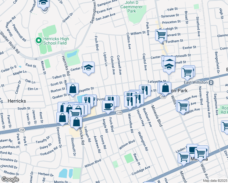 map of restaurants, bars, coffee shops, grocery stores, and more near 642 Concord Avenue in Williston Park