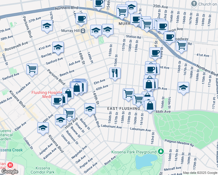 map of restaurants, bars, coffee shops, grocery stores, and more near 45-08 156th Street in Queens