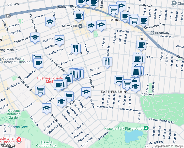 map of restaurants, bars, coffee shops, grocery stores, and more near 149-31 45th Avenue in Queens