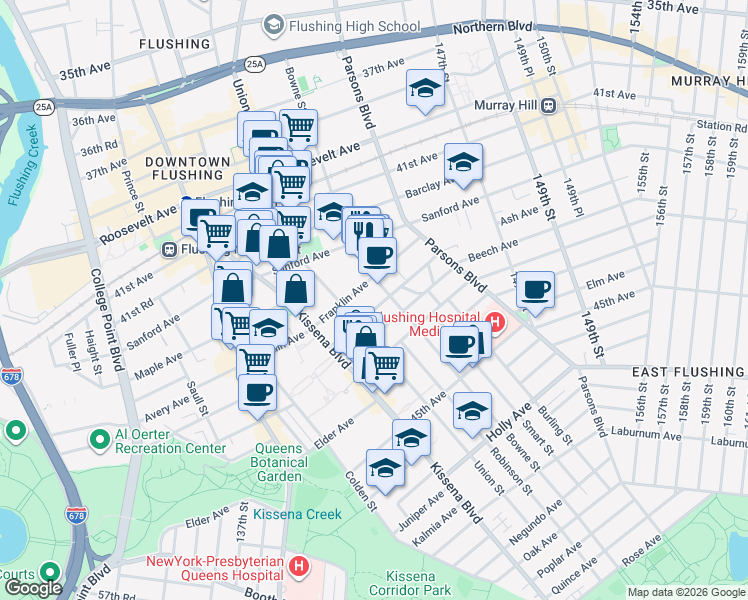 map of restaurants, bars, coffee shops, grocery stores, and more near 4192 Bowne Street in Queens