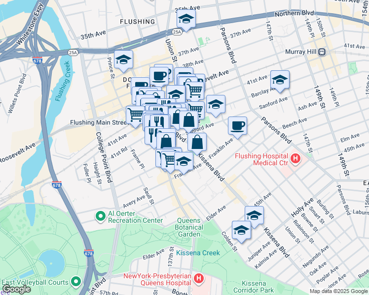 map of restaurants, bars, coffee shops, grocery stores, and more near 42-6 Kissena Boulevard in Queens