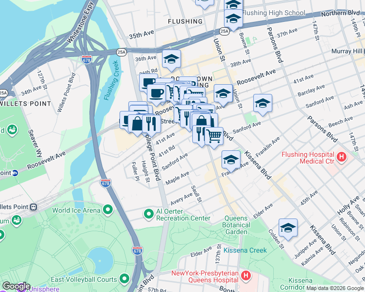 map of restaurants, bars, coffee shops, grocery stores, and more near 13261 41st Road in Queens
