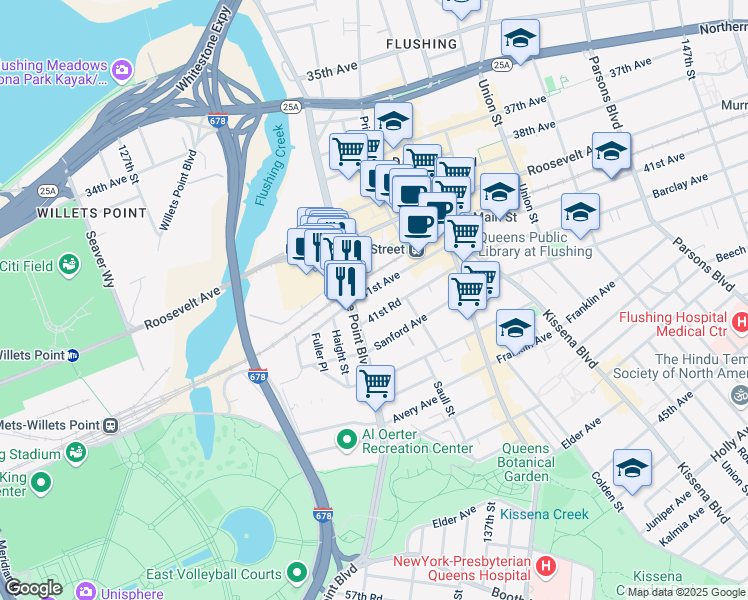 map of restaurants, bars, coffee shops, grocery stores, and more near in Queens