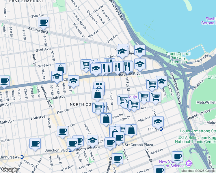 map of restaurants, bars, coffee shops, grocery stores, and more near 33-41 105th Street in Queens
