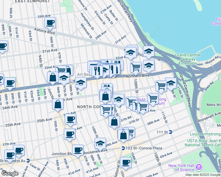 map of restaurants, bars, coffee shops, grocery stores, and more near 33-40 104th Street in Queens