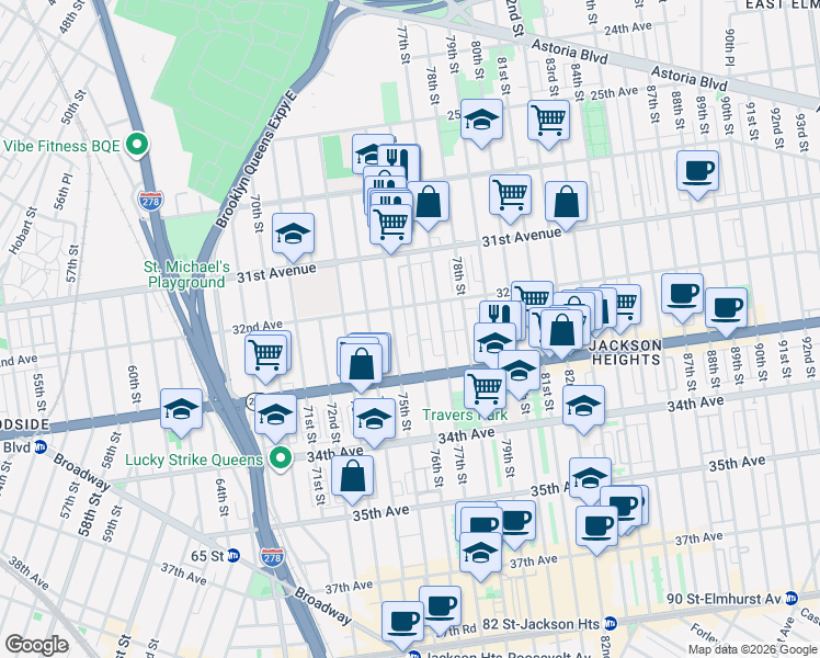 map of restaurants, bars, coffee shops, grocery stores, and more near 32-18 76th Street in Queens