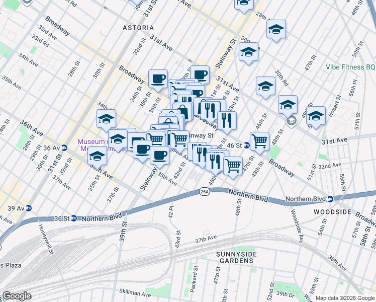 map of restaurants, bars, coffee shops, grocery stores, and more near 32-65 42nd Street in Queens