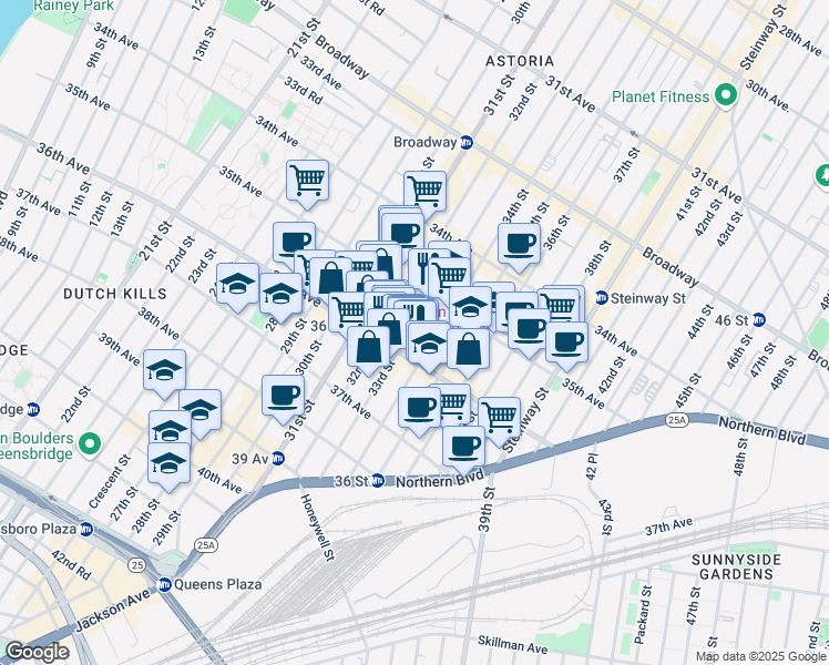 map of restaurants, bars, coffee shops, grocery stores, and more near 35-31 33rd Street in Queens