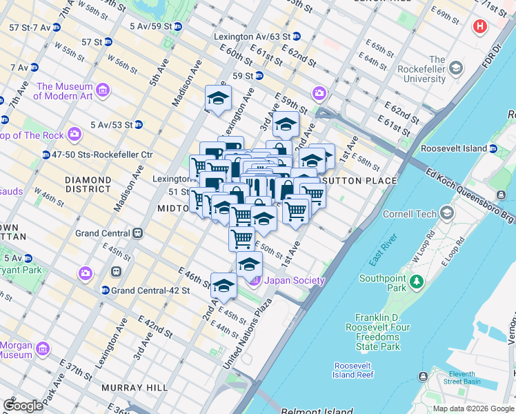 map of restaurants, bars, coffee shops, grocery stores, and more near 251 East 52nd Street in New York
