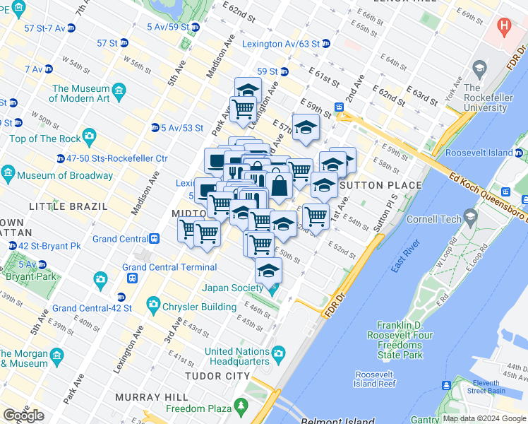 map of restaurants, bars, coffee shops, grocery stores, and more near 206 East 52nd Street in New York
