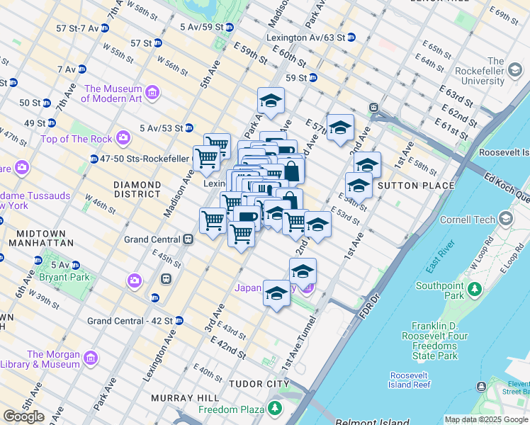 map of restaurants, bars, coffee shops, grocery stores, and more near 575 Lexington Avenue in New York