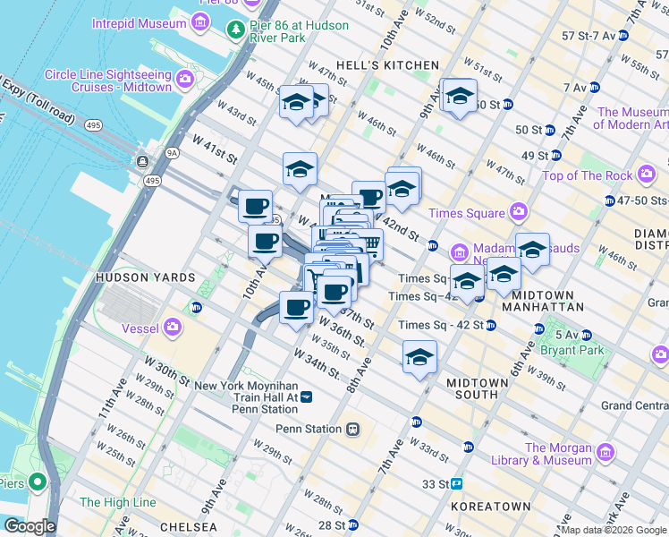 map of restaurants, bars, coffee shops, grocery stores, and more near in New York