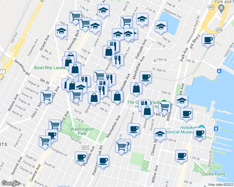 map of restaurants, bars, coffee shops, grocery stores, and more near 308 8th Street in Union City