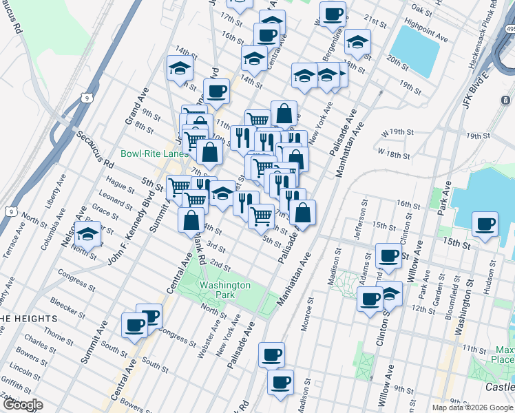 map of restaurants, bars, coffee shops, grocery stores, and more near 613 Bergenline Avenue in Union City